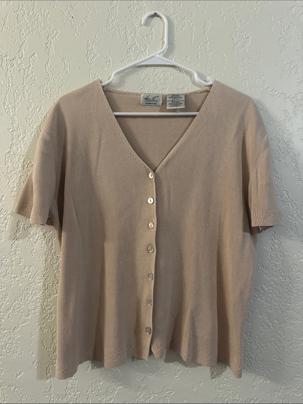 Short Sleeve V-Neck Button Cardigan - Light Beige
